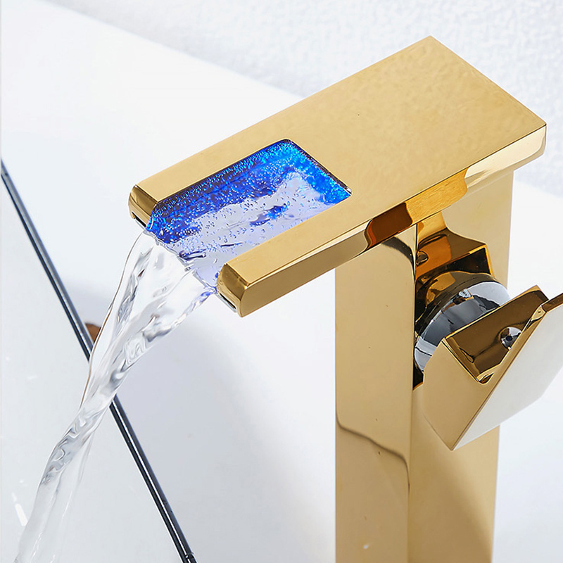 Brass LED Waterfall Bathroom Basin Faucet Set Cold Hot Water Mixer Crane Sink Tap Color Change Powered by Water Flow Faucets