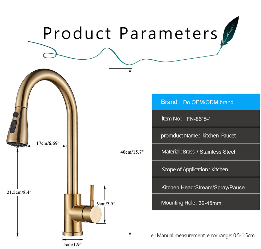 Gold Pull Out Kitchen Sink Water Tap Single Handle Mixer Tap 360 Rotation brass bridge flexible hose for kitchen faucet set