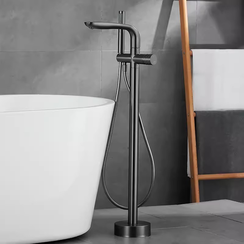 Bathroom Matte Black Floor Standing Bathtub Faucet Shower Faucet 360 Rotation Swivel Spout With ABS Handshower Tap Mixer Shower