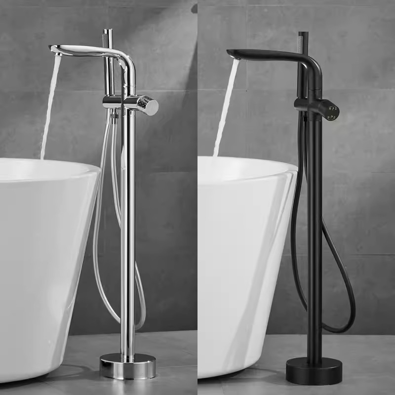 Bathroom Matte Black Floor Standing Bathtub Faucet Shower Faucet 360 Rotation Swivel Spout With ABS Handshower Tap Mixer Shower