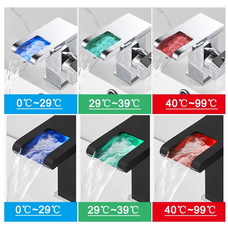 LED Waterfall Bathroom Basin Faucet Cold Hot Water Mixer Crane Sink Tap Color Change Powered by Water Flow Faucets