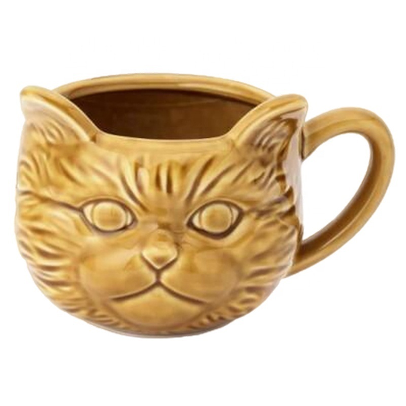 Custom handmade drinkware porcelain cute kitty meow animal cup official ceramic embossed 3D persian cat head coffee tea mug