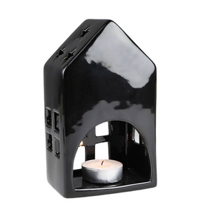 factory direct table decor porcelain tealight holder ceramic house shaped black candle holder