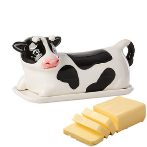 Custom Wholesale Kitchen Cheese Container Plate Hand painted cute ceramic 3D Cow butter dish with cover