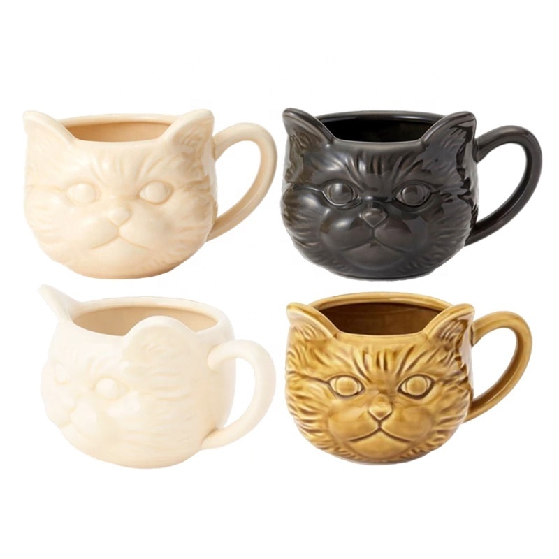 Custom handmade drinkware porcelain cute kitty meow animal cup official ceramic embossed 3D persian cat head coffee tea mug