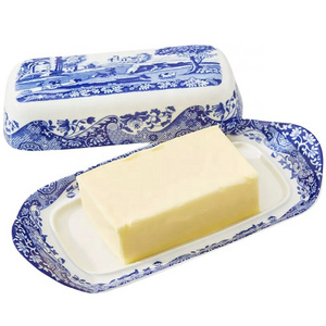 Custom dinnerware ceramic cheese butter plate holder classic blue and white rectangular porcelain covered butter dish with lid