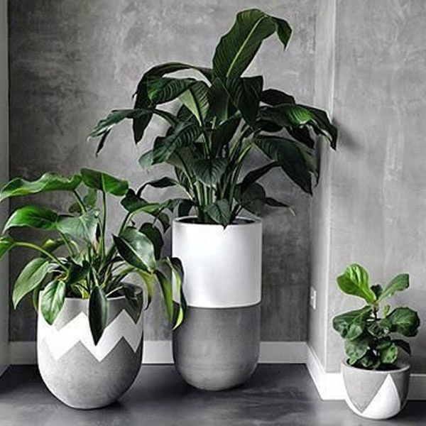 Custom flower pots planters indoor exclusive pattern painting living room lightweight fiber cement concrete bowl set of 3 sizes