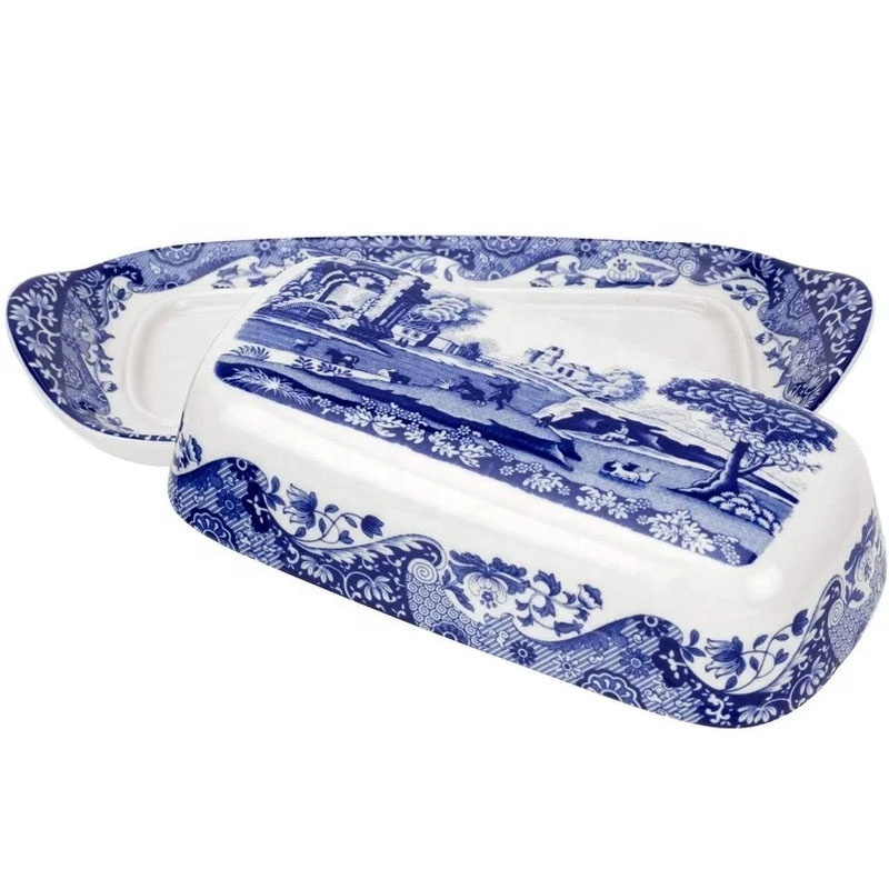 Custom dinnerware ceramic cheese butter plate holder classic blue and white rectangular porcelain covered butter dish with lid