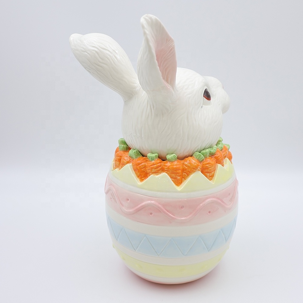 Custom handmade kitchen centre piece food canister jars set ceramic cute fairy tale Easter carrot bunny and egg storage jar