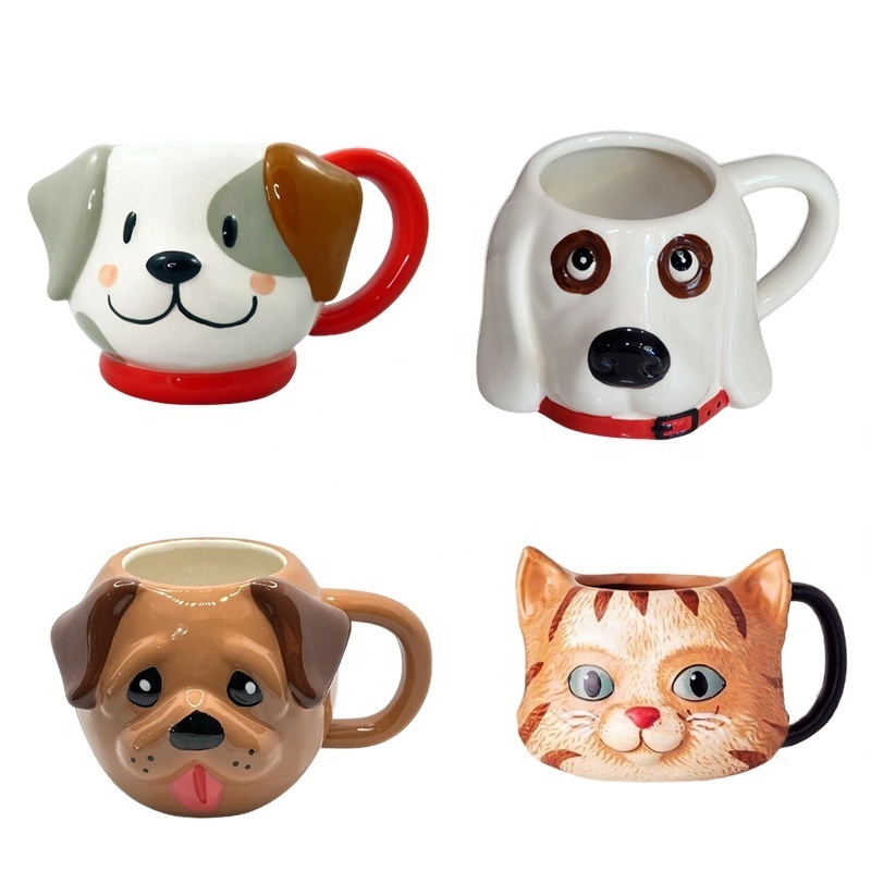 Custom 3D cat and dog face shaped mug Cute children's cartoon gift pet ceramic tea coffee mug