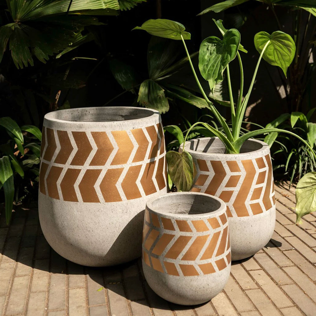 Custom flower pots planters indoor exclusive pattern painting living room lightweight fiber cement concrete bowl set of 3 sizes