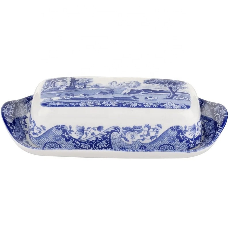 Custom dinnerware ceramic cheese butter plate holder classic blue and white rectangular porcelain covered butter dish with lid