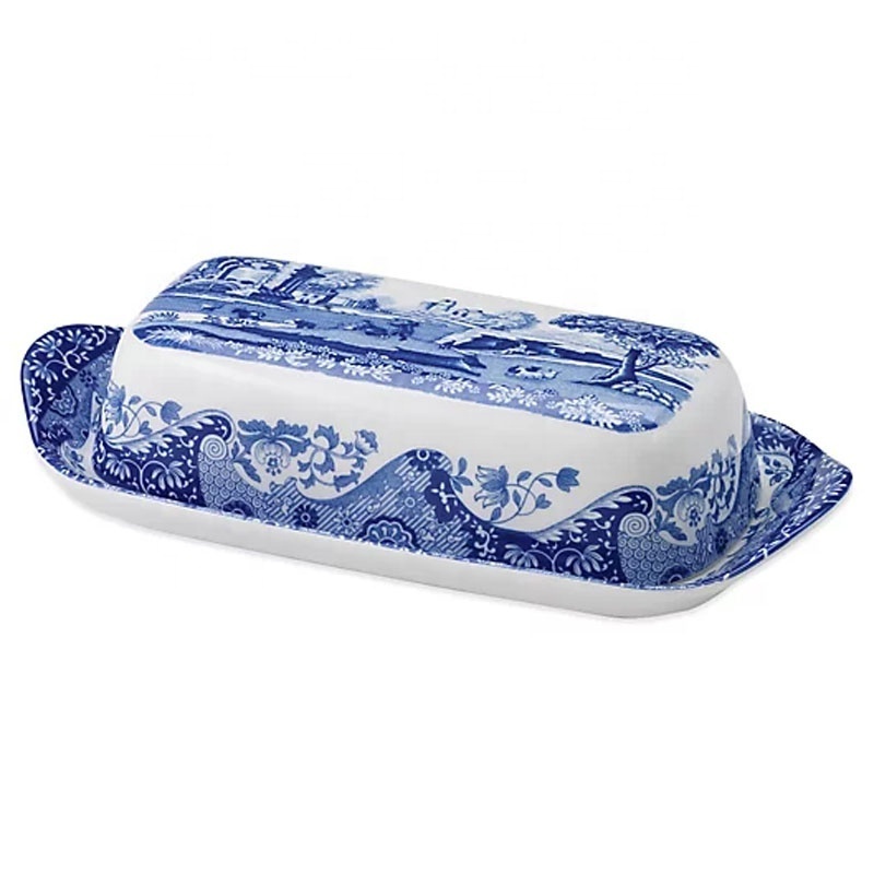 Custom dinnerware ceramic cheese butter plate holder classic blue and white rectangular porcelain covered butter dish with lid