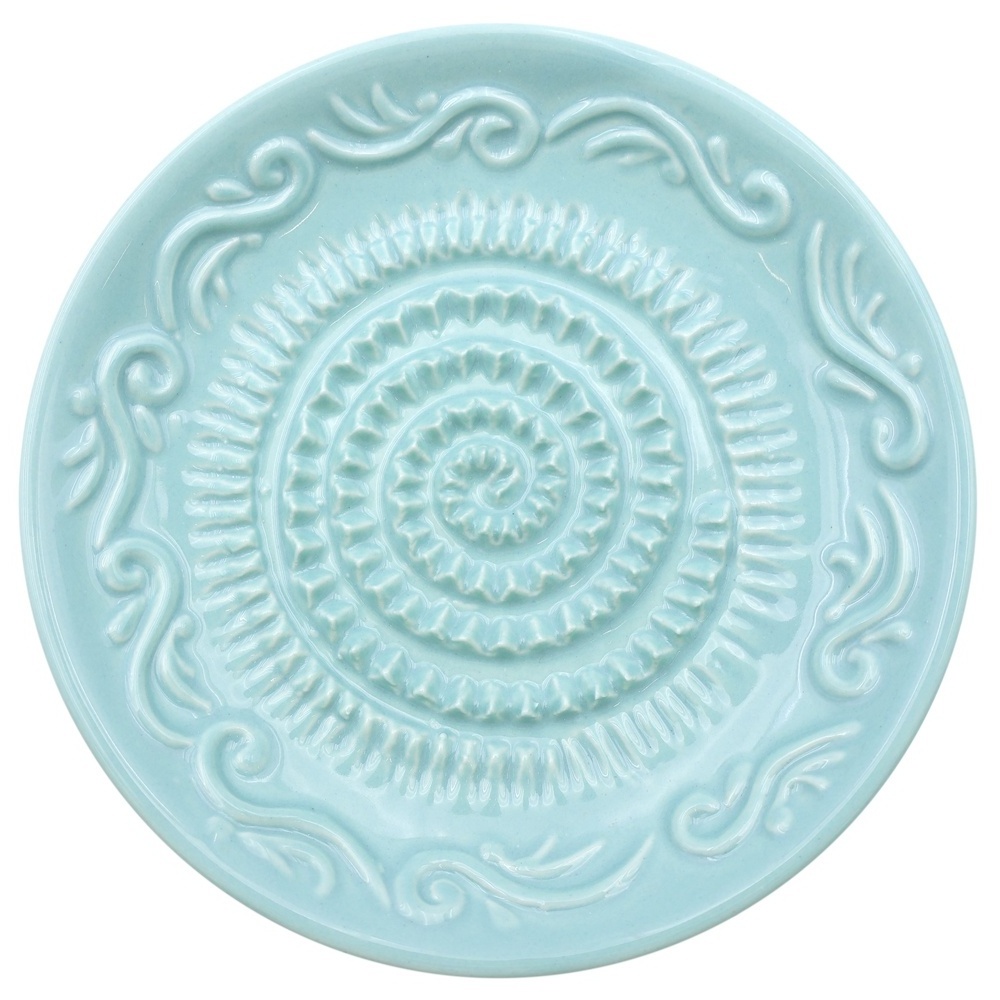 Custom wholesale hand crafted decorative classic relief pattern round ceramic ginger garlic grater plate for kitchen