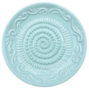 Custom wholesale hand crafted decorative classic relief pattern round ceramic ginger garlic grater plate for kitchen