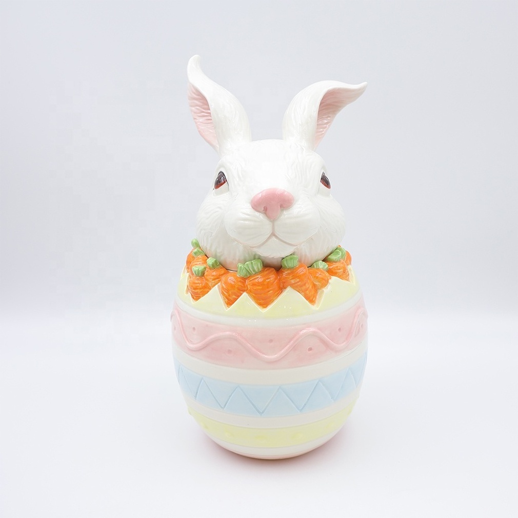 Custom handmade kitchen centre piece food canister jars set ceramic cute fairy tale Easter carrot bunny and egg storage jar