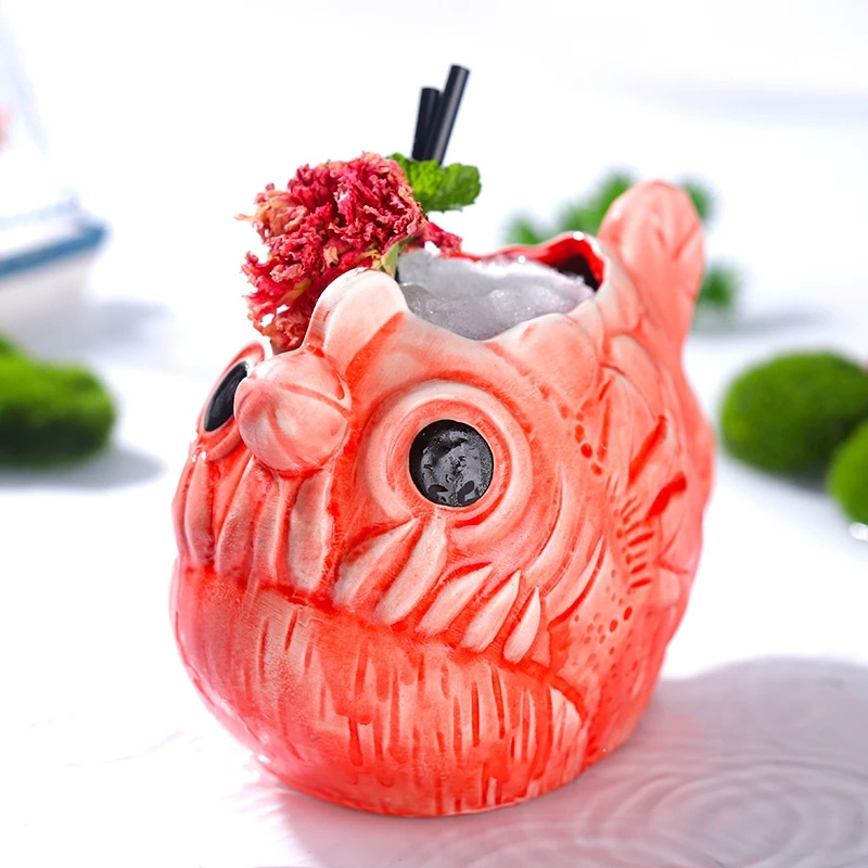 Custom creative 3D Tiki beer cup party bar decorate cocktail glasses ceramic angler fish tiki mugs