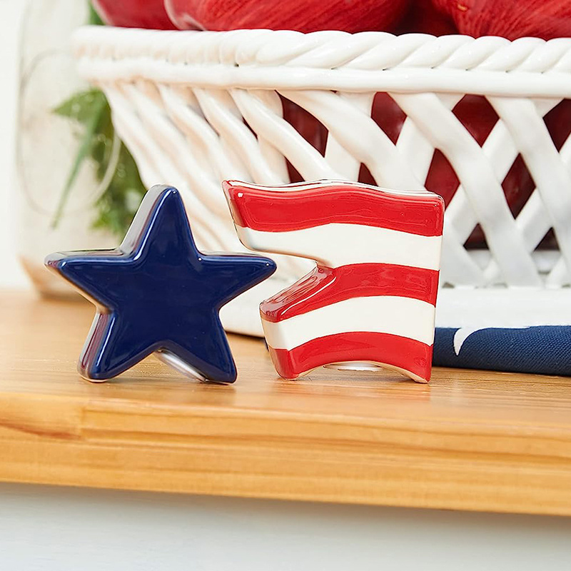 Custom Blue Red White Freedom Flag Stars and Stripes Nesting  American Flag Ceramic Salt Pepper Shaker Set