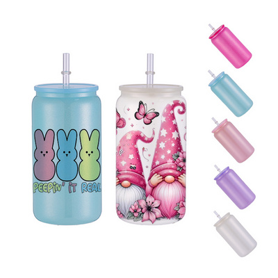 USA Warehouse RTS Stocked 16oz Glitter Glass Can Shimmer Sublimation Blank Soda Mason Beer Cups with Colorful PP Bamboo Lid