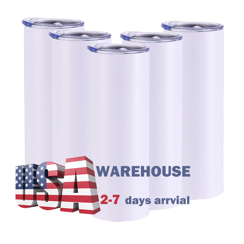 USA Warehouse Stocked RTS 20 OZ Tumbler White Sublimation Blanks Stainless Steel Straight Insulated Tumblers with lid and straw