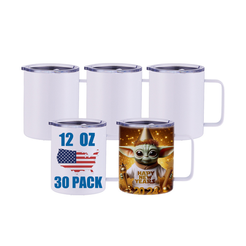 USA Warehouse Stocked RTS White Sublimation Blanks Tumbler with Handle 12 OZ Coffee Mug Stainless Steel Double Wall Insulated