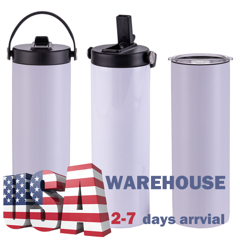 USA Warehouse RTS 20oz Straight Sublimation Blanks Dual Lids Portable Stainless Steel Tumbler Sport Mug with Two Handle Lids