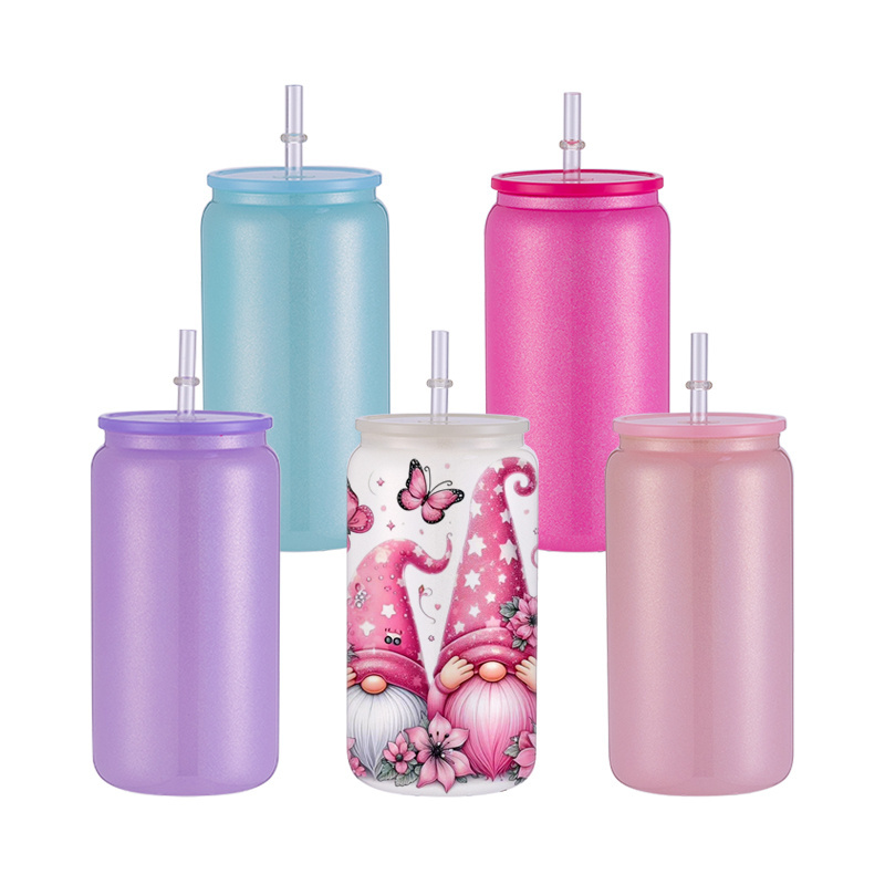 USA Warehouse RTS Stocked 16oz Glitter Glass Can Shimmer Sublimation Blank Soda Mason Beer Cups with Colorful PP Bamboo Lid