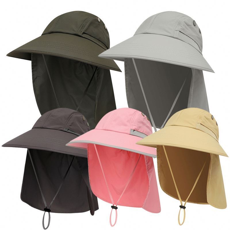 Custom Logo Ponytail Hole Sun Hats For Women Summer Wide Brim Bucket Hat Outdoor Fishing Hiking Uv Anti Neck Protection Bonnet