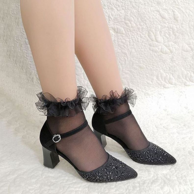 Korean style summer ultra-thin sexy pleated lace short stockings back vertical jacquard female socks