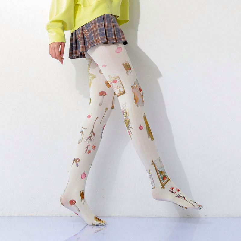 Two-dimensional element cute style printed ladies full body men tube cotton girl white flower pantyhose