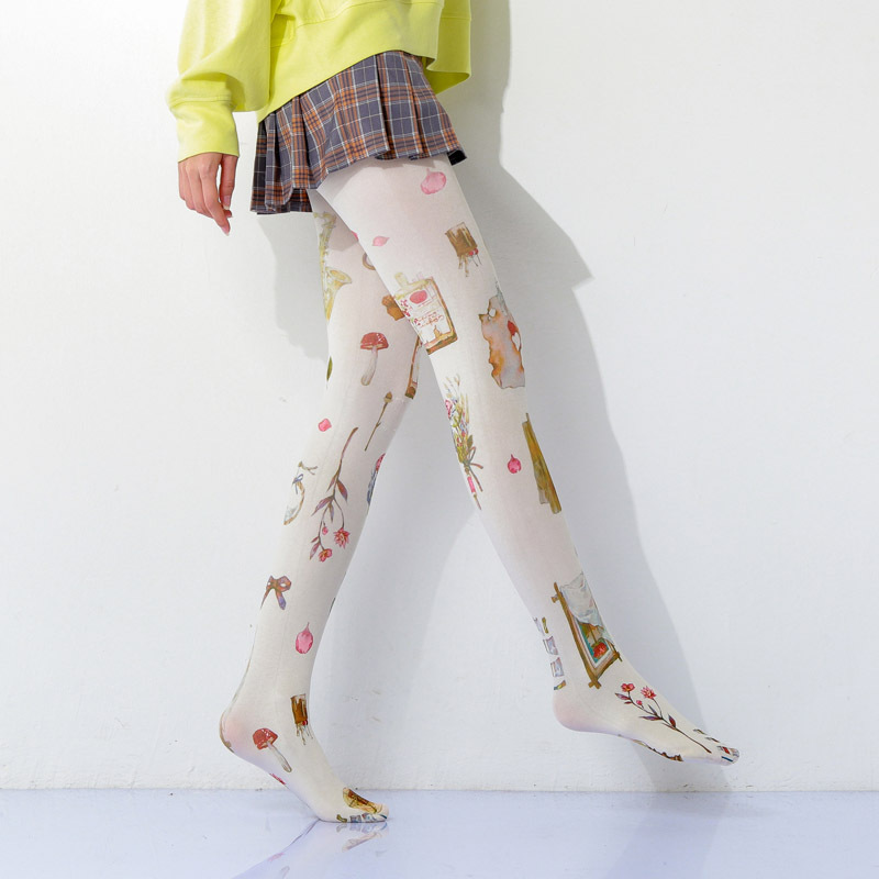 Two-dimensional element cute style printed ladies full body men tube cotton girl white flower pantyhose