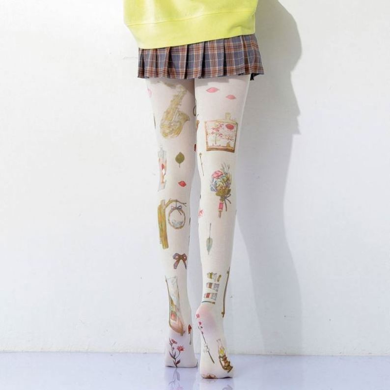 Two-dimensional element cute style printed ladies full body men tube cotton girl white flower pantyhose