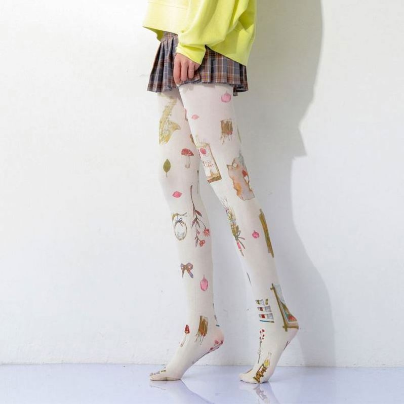 Two-dimensional element cute style printed ladies full body men tube cotton girl white flower pantyhose