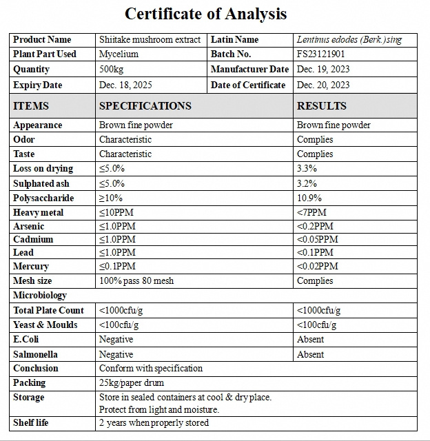 2024 Hot-Selling Organic Nutritional Mushroom Extract Beta Glucan/Polysaccharides Lentinan Powder Shiitake Mushroom Extract