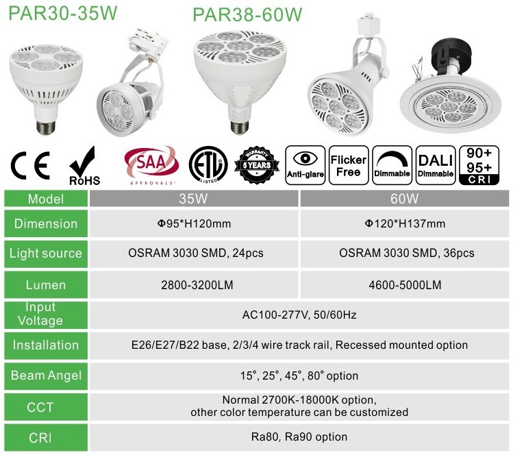 45W 60W PAR38 Spot LED PAR 38 bulbs e27 90-265v 277v 4000k 6500k 7000k 8000k 10000k PAR38 LED Lights