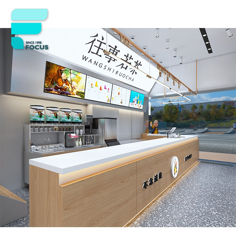 High Quality Mall Candy Kiosk Boba Tea Waffle Juice Bar Sale Bubble Wood Beverage Shop Fitout Fast Food Counter Design