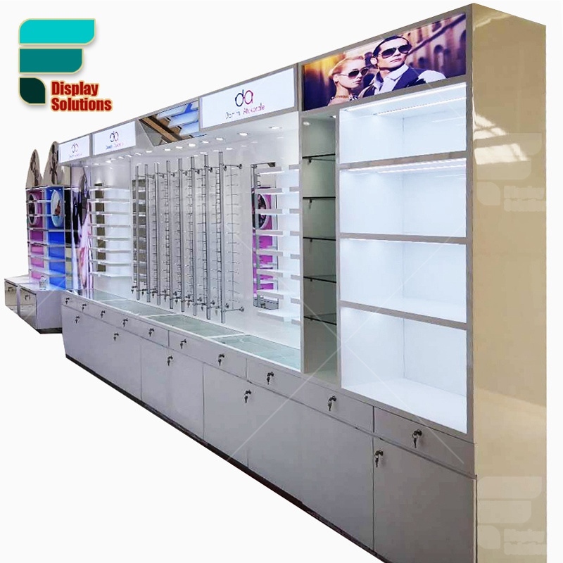 Customized Eyewear Store Interior Design High Gloss Glass Display Cabinets Locking Eyewear Showcase