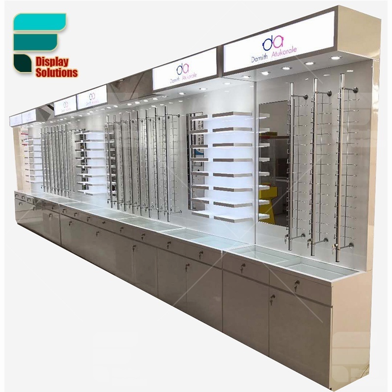 Customized Eyewear Store Interior Design High Gloss Glass Display Cabinets Locking Eyewear Showcase