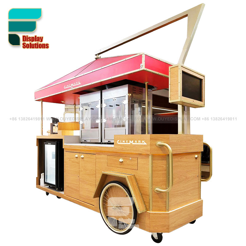 Customized Cake Display Push Cart Shopping Mall Kiosk Counter Dessert Wooden Display Cart For Sale