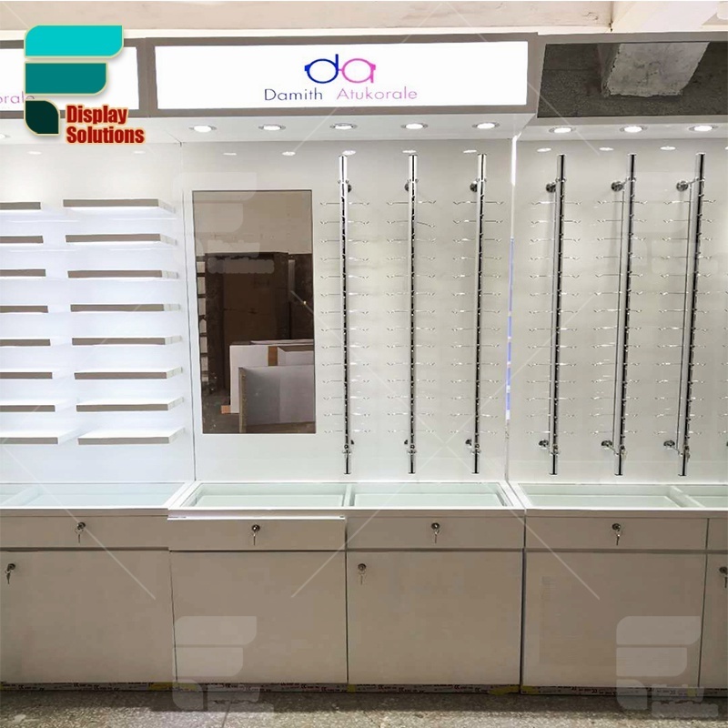 Customized Eyewear Store Interior Design High Gloss Glass Display Cabinets Locking Eyewear Showcase