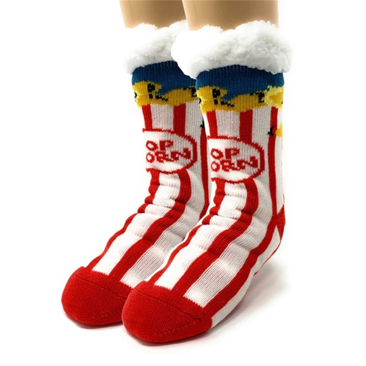 Factory Made Adult Funny Knitted Pattern Sherpa Slipper Socks with Non-Skid Rubber Bottom Sole