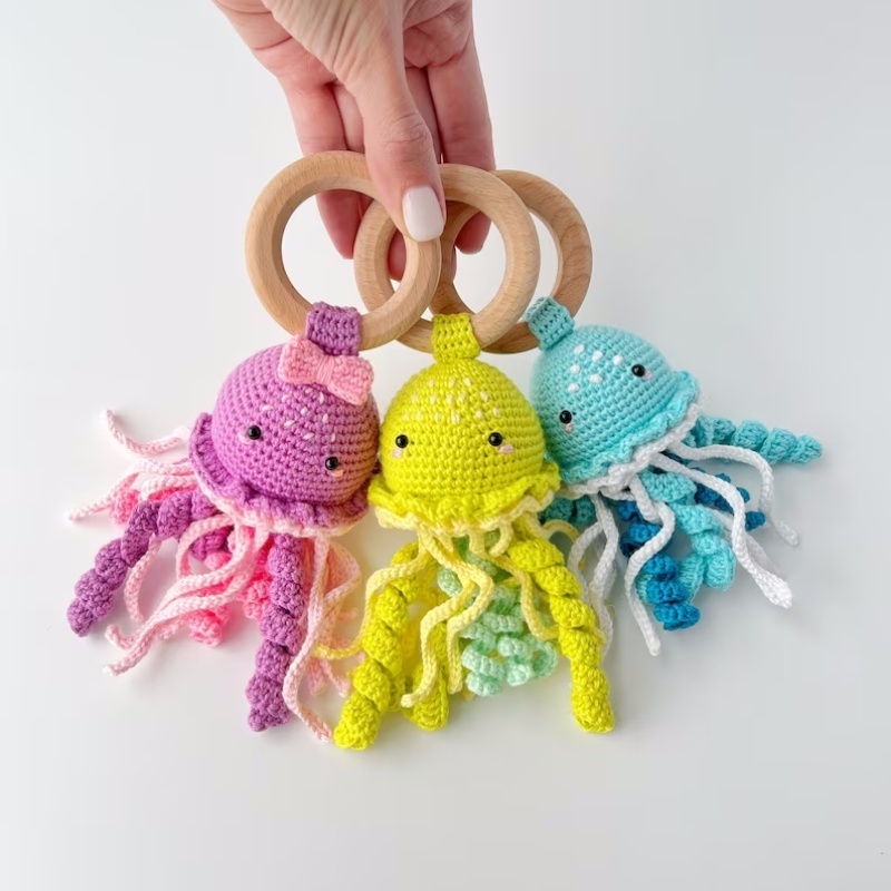 Octopus Amigurumi Rattle Toys Crochet Sea Creatures Teething Rattle Crochet Jellyfish Rattle For Baby