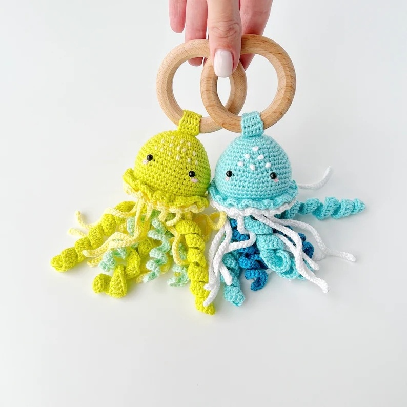 Octopus Amigurumi Rattle Toys Crochet Sea Creatures Teething Rattle Crochet Jellyfish Rattle For Baby