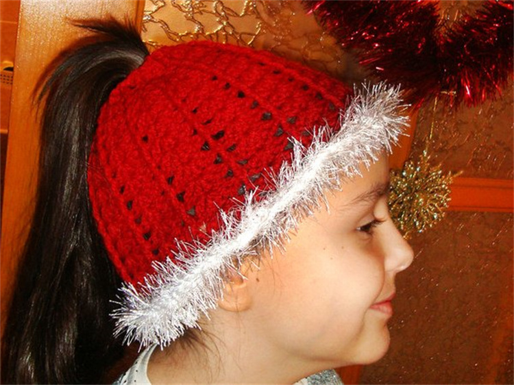 Handmade Crochet Red Christmas Messy Bun Hat Ponytail Beanie Women Girls Running Toque Winter Cap with Hair Hole