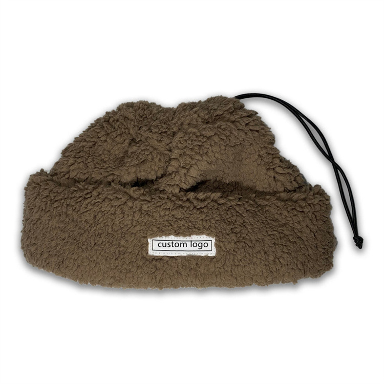 Fashion Women Men Brown Sherpa Fleece Winter Hat Custom 2 in 1 Beanie Neck Warmer