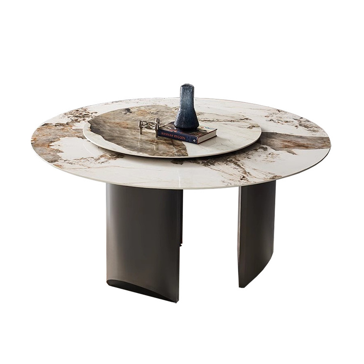 luxury living room furniture stainless steel legs sintered stone round rotating dining table