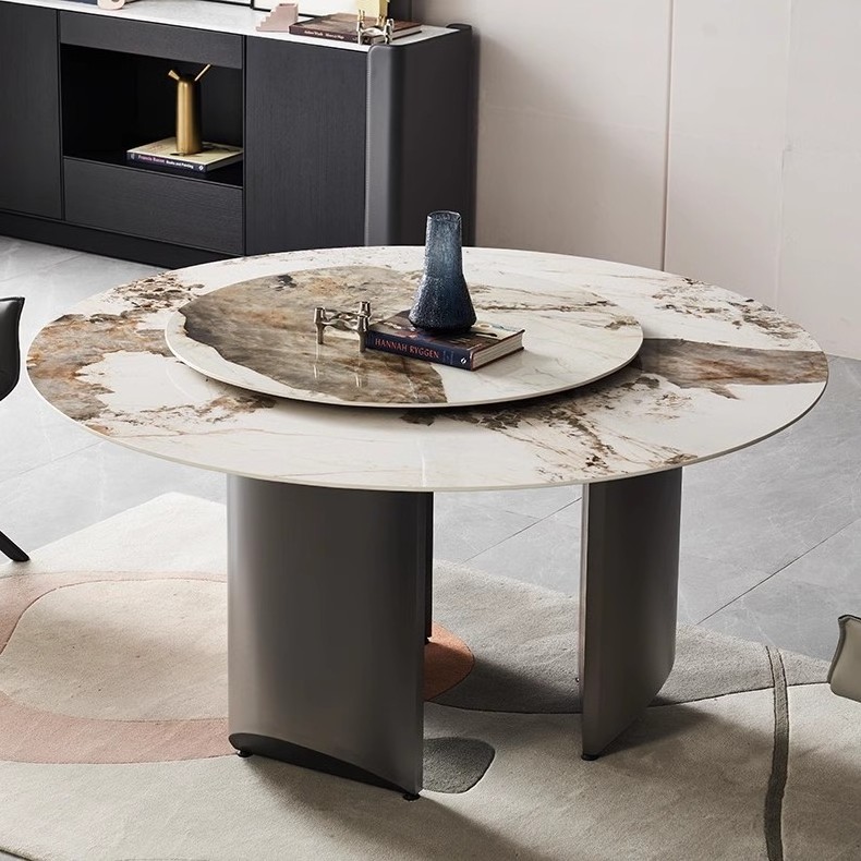 luxury living room furniture stainless steel legs sintered stone round rotating dining table