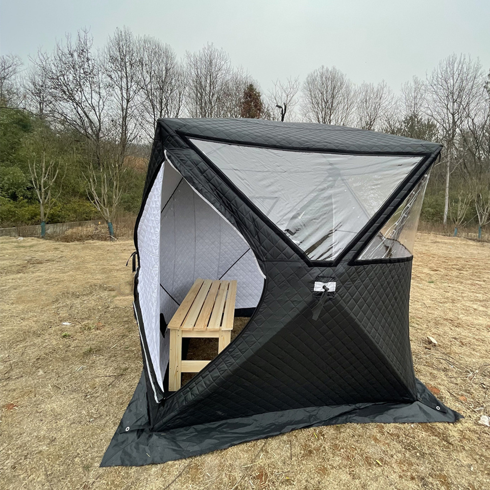 Ice fishing tent insulation high quality cube pop up sweat tent transparent skylight mobile sauna tent with chimney hole