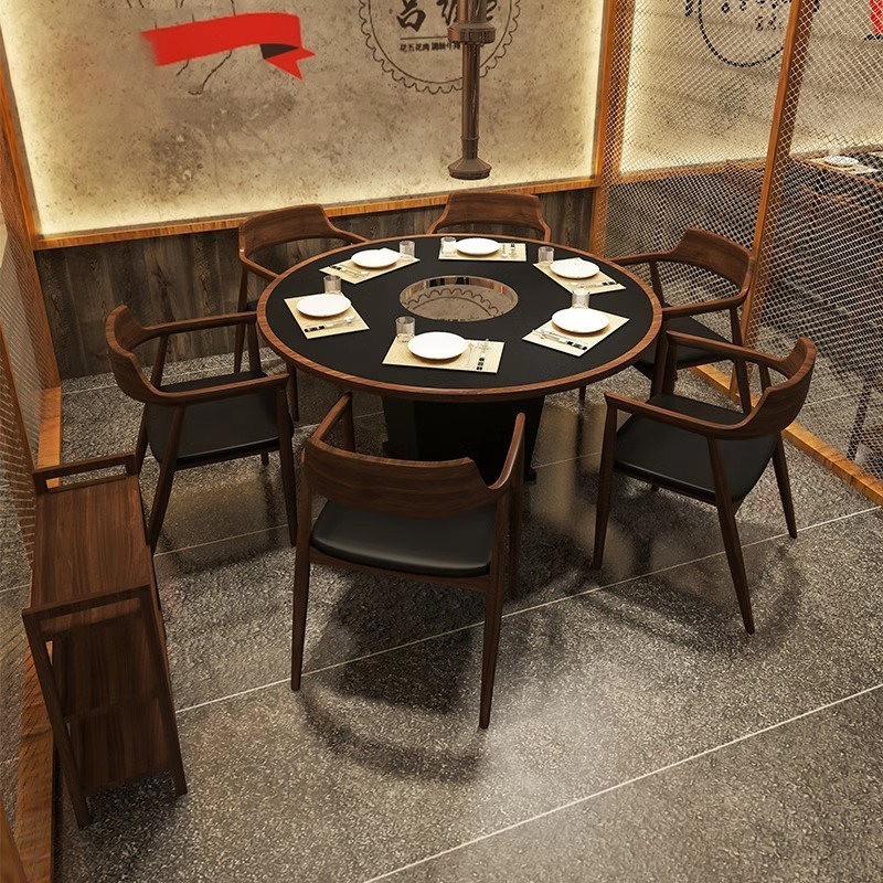 Custom dining hot pot barbecue table chairs and black leather booth sofa