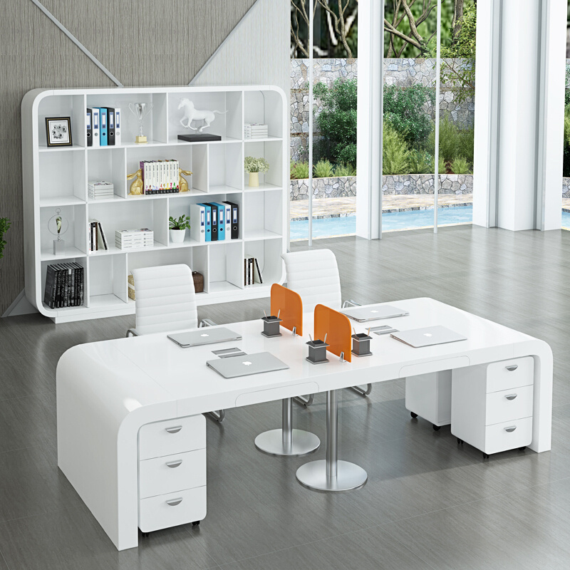 Modern screen 4/6 four person office workstation baking varnish white table and chair combination